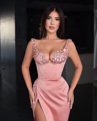 Elegant Pink Sequin Spaghetti Strap Prom Dress with Satin Slit and Built-in Bra