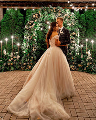 Elegant Off-Shoulder Tulle A-Line Wedding Dress with Chapel Train