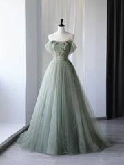 Gray Green Tulle Off Shoulder Prom Formal Dress