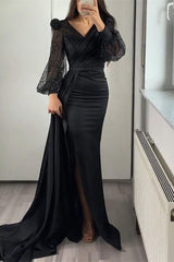 Elegant V-Neck Long Sleeve Sequin Mermaid Evening Gown with Ruffle Split