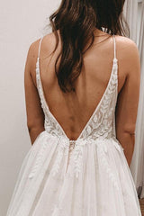 Elegant Long A-Line V-Neck Wedding Dress with Open Back and Slit