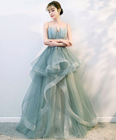 Elegant Green Tulle Lace Prom Gown with Built-In Bra, A-Line Silhouette