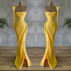 Stunning Yellow Asymmetrical Prom Dress with Beaded Embellishments and Unique One-Shoulder Design