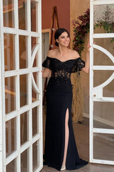 Elegant Off-the-Shoulder Beaded Mermaid Prom Dress with Thigh Slit