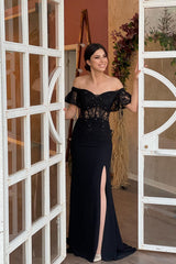 Elegant Off-the-Shoulder Beaded Mermaid Prom Dress with Thigh Slit