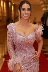 Pink Sequin Feather Mermaid Evening Dress Long Sleeve Formal Gown