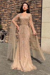 Sparkling V-Neck Long Sleeve Tulle Mermaid Prom Dress with Elegant Beadwork