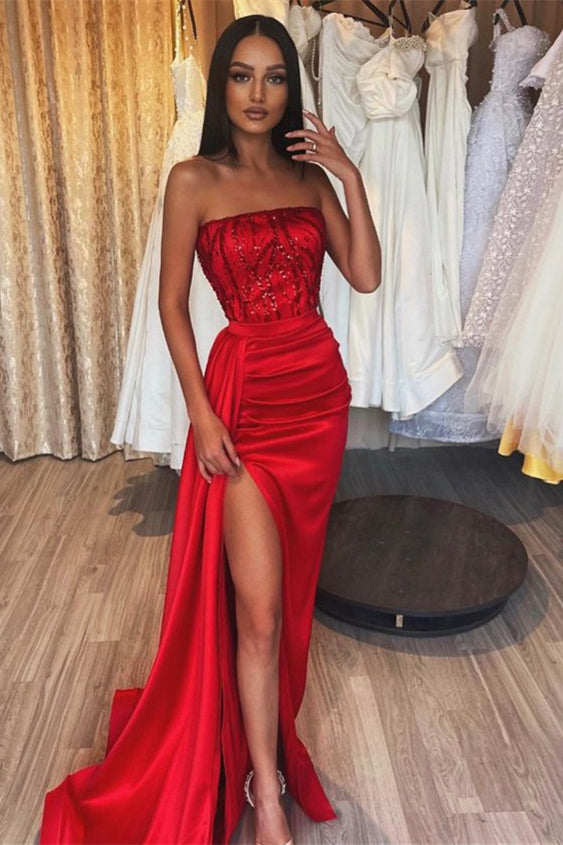 Classic Red Sequin Prom Dress with High Split Evening Gown