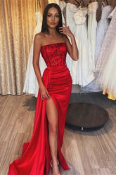 Classic Red Sequin Prom Dress with High Split Evening Gown