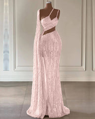 Burgundy Sequin Mermaid Prom Dress with Ruffle Slit Elegant Gown