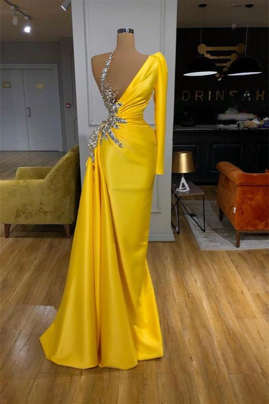 Radiant Long Sleeve Yellow Mermaid Prom Gown with Sparkling Embellishments