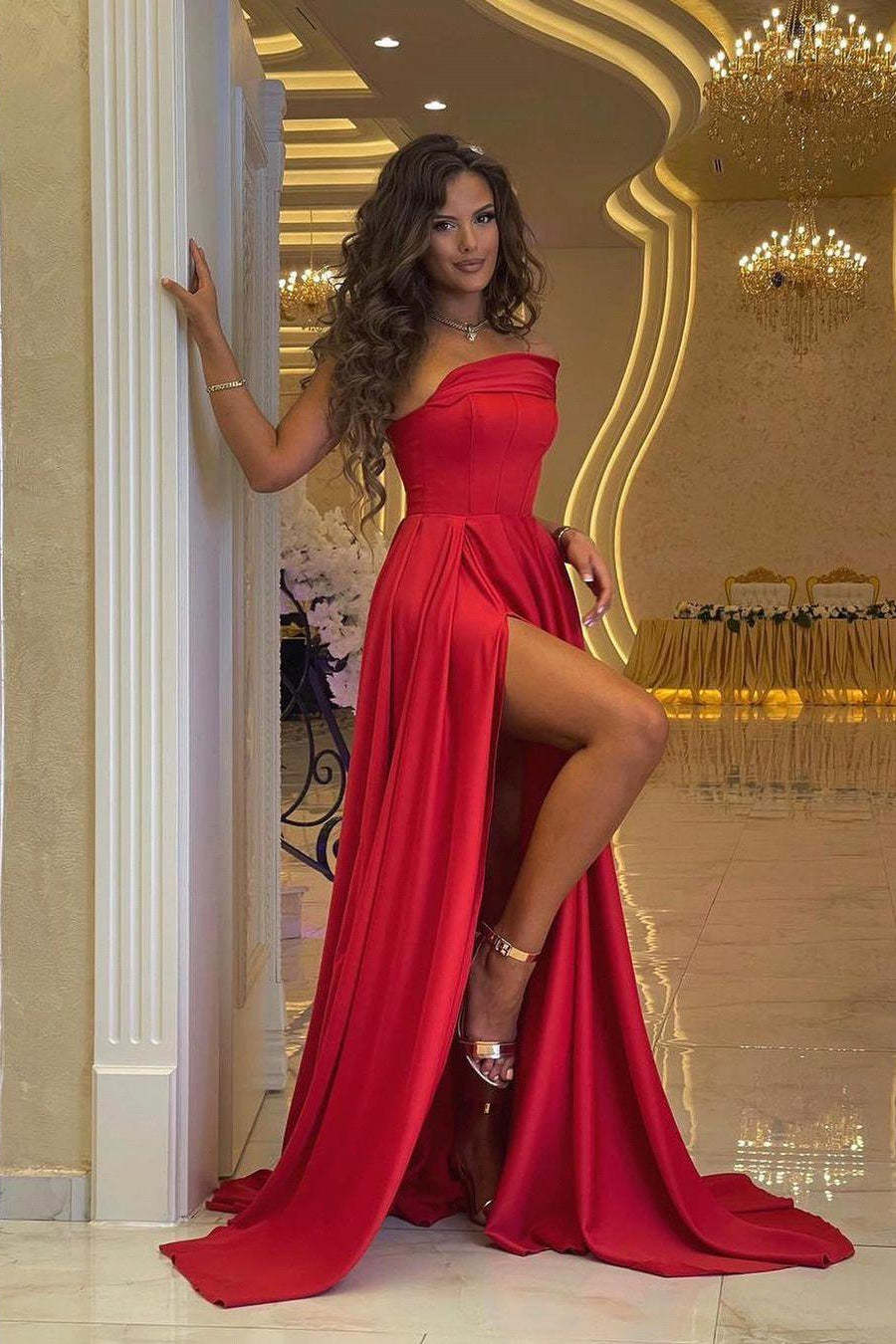 Elegant One-Shoulder Red Satin Prom Dress with High Slit and A-Line Skirt