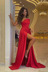 Elegant One-Shoulder Red Satin Prom Dress with High Slit and A-Line Skirt
