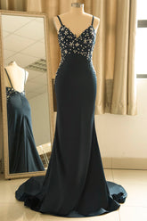 Elegant V-Neck Spaghetti Strap Satin Mermaid Prom Dress with Sequin Embellishments