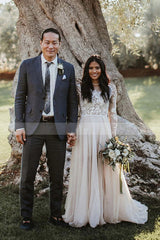 Elegant A-Line Lace Long Sleeve Wedding Dress with Sweep Train and Scoop Neck