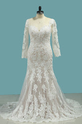 Elegant Bateau Neck Long Sleeve Mermaid Wedding Dress with Exquisite Lace Appliques