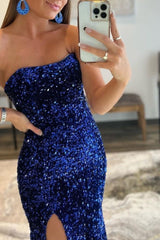Elegant Royal Blue Strapless Sequin Mermaid Prom Gown with Thigh Split