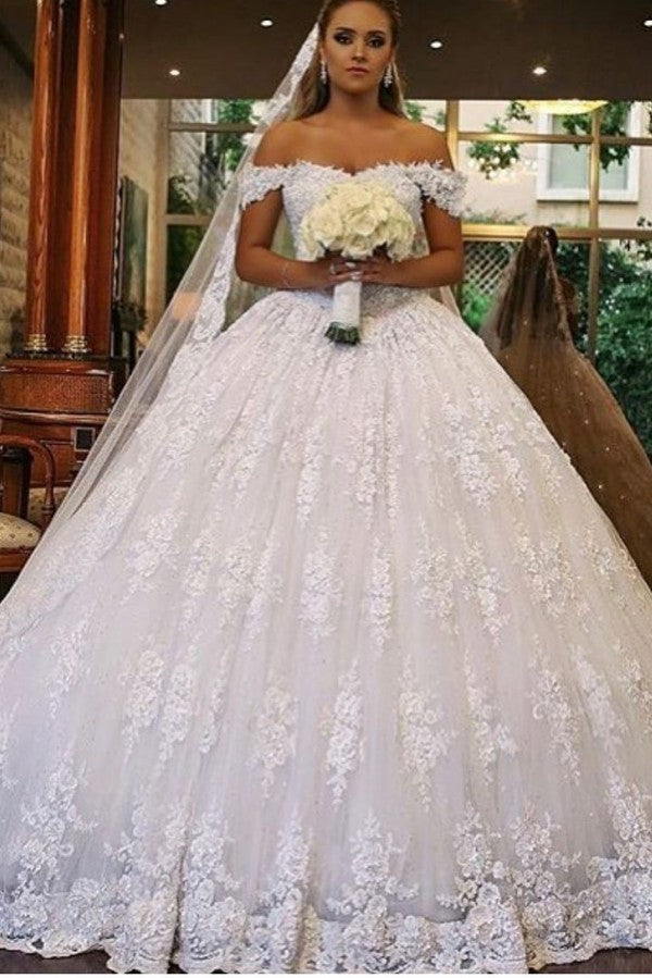 Opulent Off-Shoulder Lace Ball Gown Wedding Dress with Grand Train and Veil
