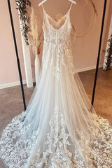 A-Line Sweetheart Spaghetti Straps Tulle Wedding Dress With Lace Appliques