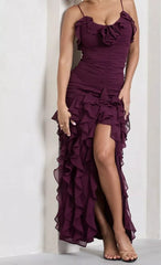 Burgundy Spaghetti Straps Chiffon Prom Evening Party Dress For Women