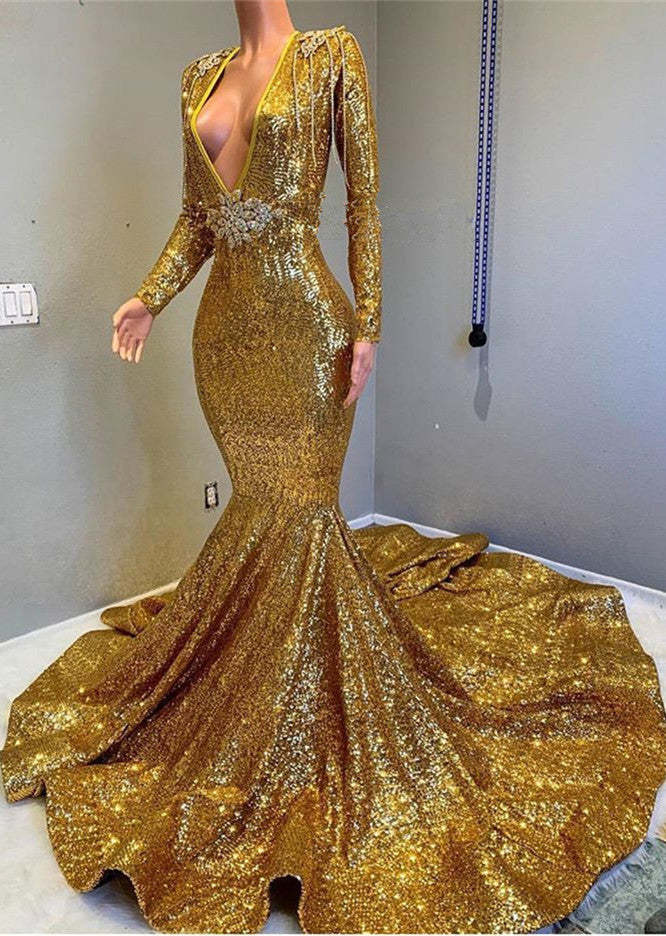 Opulent Gold Sequin Long Sleeve V-Neck Mermaid Prom Gown with Applique Detail