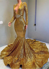 Opulent Gold Sequin Long Sleeve V-Neck Mermaid Prom Gown with Applique Detail