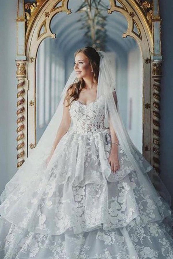 Elegant Sweetheart Ball Gown Wedding Dress, Tulle Lace Appliques, Long Formal Bridal Gown