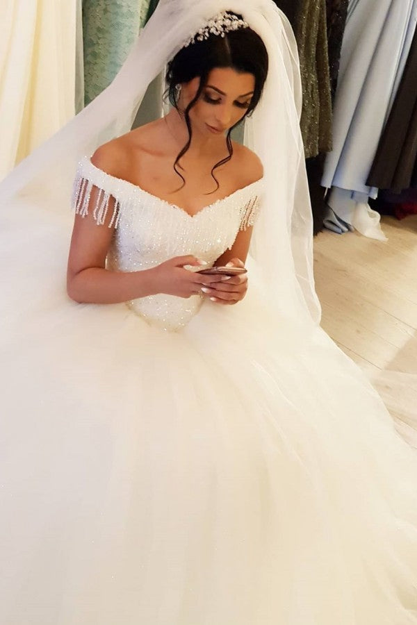 Exquisite Off-the-Shoulder Beaded Tassel Tulle Princess Wedding Dress for Brides