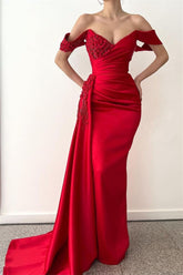 Elegant Red Mermaid Prom Dress: V-Neck, Off-Shoulder, Beaded, Long Ruffles Gown