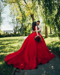 Red Long Ball Gown Princess Satin V-Neck Wedding Dress Lace
