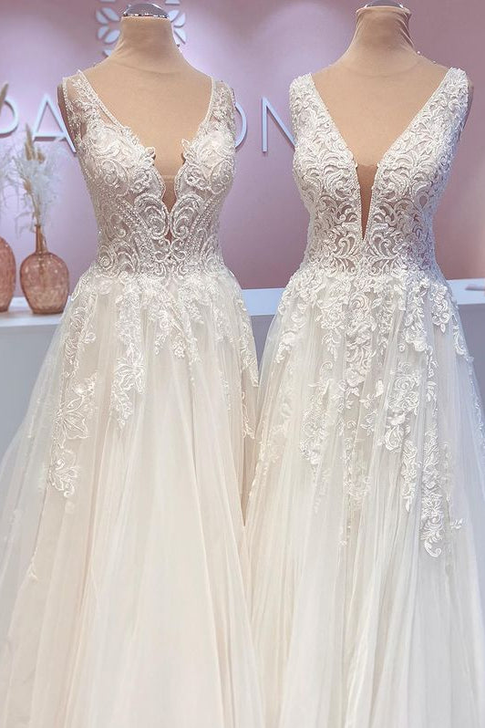 Wide Straps Open Back A-Line Wedding Dress with Lace Appliques Tulle