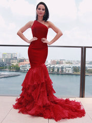 Burgundy One Shoulder Mermaid Prom Dress Elegant Tulle Appliqué Evening Gown