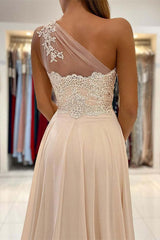 Elegant One-Shoulder Lace Applique Prom Dress: A-Line, High Slit, Floor-Length