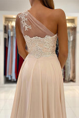 Elegant One-Shoulder Lace Appliqued Prom Dress with Slit for Special Occasions
