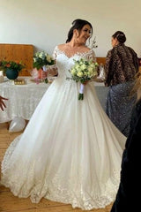 Glamorous A-Line Floral Lace Wedding Dress Long Sleeve V-Neck Bridal Gown