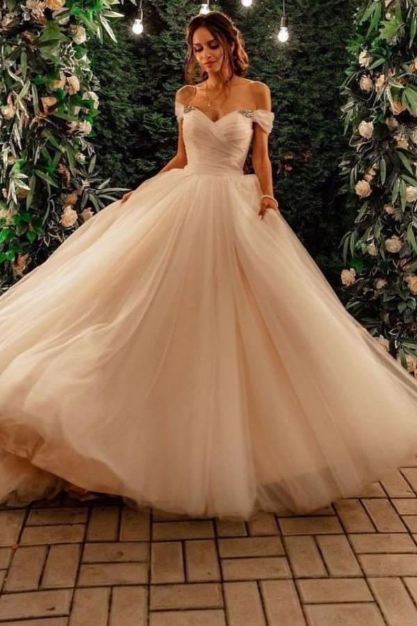 Elegant Off-Shoulder Tulle A-Line Wedding Dress with Chapel Train