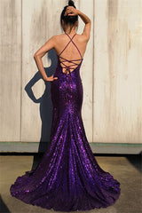 Sparkling Halter Neck Purple Sequin Mermaid Prom Dress: Glamorous Floor-Length Evening Gown