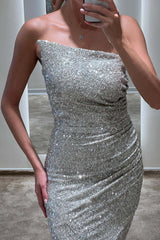 Luxurious Silver Strapless Prom Dress, Slimming Mermaid Silhouette, Evening Gown