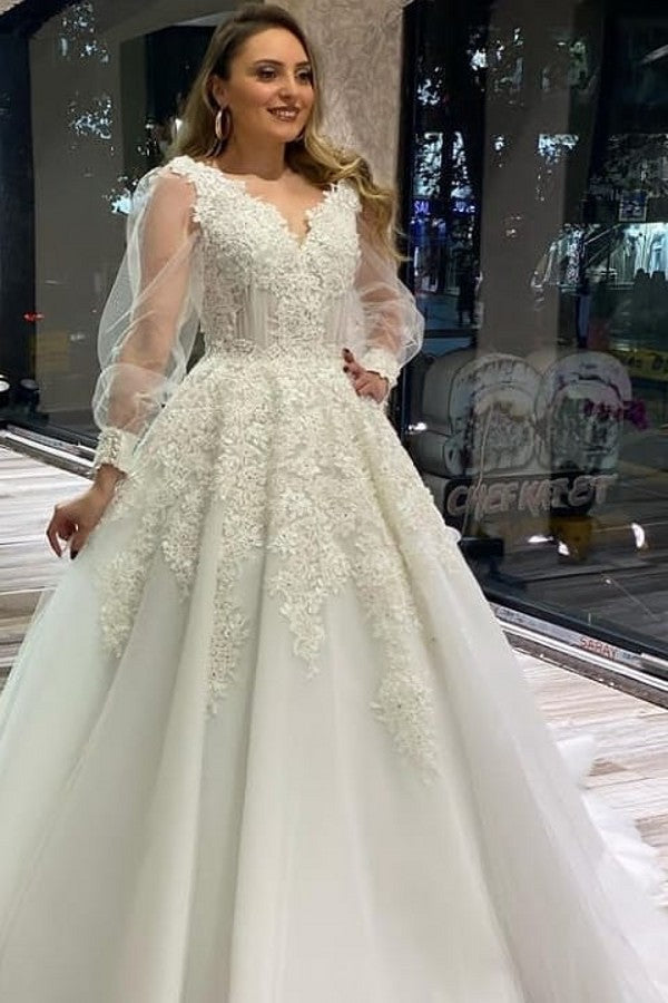A-Line V-Neck Wedding Dress with Appliques Lace and Puffy Long Sleeves