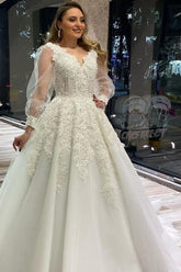 A-Line V-Neck Wedding Dress with Appliques Lace and Puffy Long Sleeves