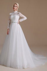 Elegant A-Line High Neck Long Sleeve Wedding Dress with Tulle Lace Design