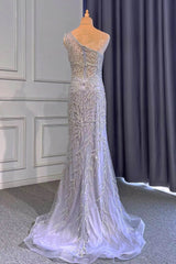 Light Purple One-Shoulder Mermaid Prom Dress with Beaded Details and Ruffles