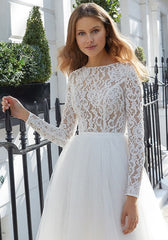 A-Line Jewel Tulle Wedding Dress with Lace Elegant Short Sleeves