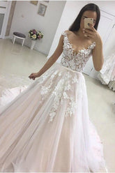Elegant Lace Applique Long Sleeve Ruffles Ball Gown Wedding Dress