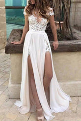 Short Sleeve Lace Wedding Dress with High Slit Flowing Skirt