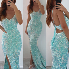 Elegant Mermaid Sequin Prom Dress with Spaghetti Straps and Thigh Split