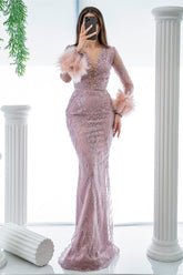 Elegant Pink Long Sleeves Beaded V-Neck Feather Mermaid Prom Dress