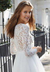 A-Line Jewel Tulle Wedding Dress with Lace Elegant Short Sleeves