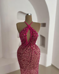 Elegant Pink Sequin Halter Neck Prom Dress - Sleeveless Formal Gown