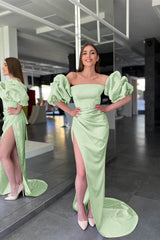 Elegant Pink Strapless Mermaid Prom Dress with Split and Sleeves